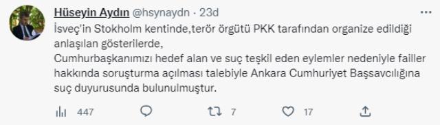 Cumhurbaşkanı Erdoğan, İsveç'te terör örgütü PKK'nın organize ettiği gösterilerle ilgili suç duyurusunda bulundu