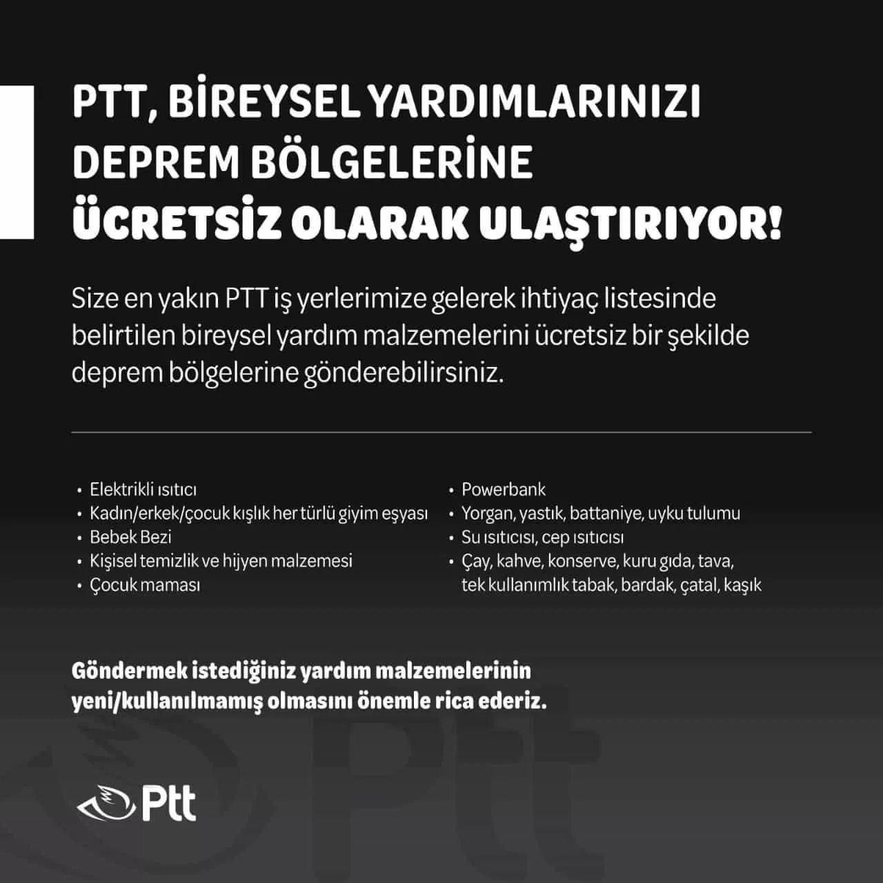 PTT'den deprem bölgesine ücretsiz taşıma