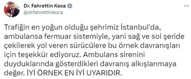 Sürücüler ambulansa fermuar sistemiyle yol verdi, Bakan Koca'dan teşekkür gecikmedi