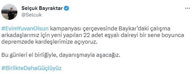 Baykar, Evim Yuvan Olsun projesine 22 adet eşyalı daireyle destek verecek