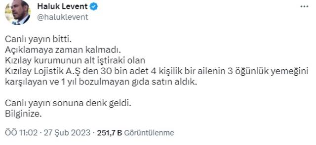 Haluk Levent: Kızılay'dan çadır dışında konserve ve barbunya da satın aldık