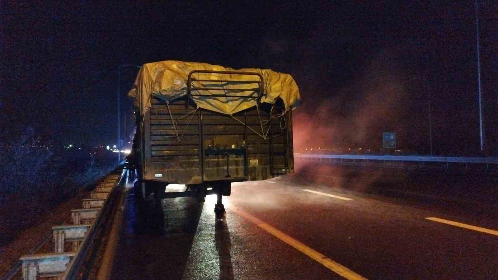 Seyir halindeki tırın dorsesi alev alev yandı