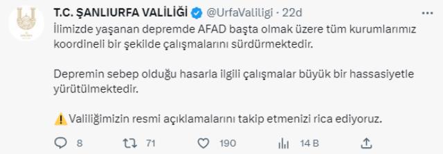 Son Dakika! Şanlıurfa Valisi Ayhan: Depremde 17 vatandaşımız hayatını kaybetti, 30 vatandaşımız yaralı