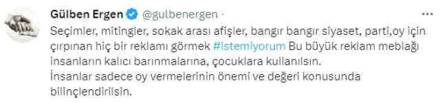 Gülben Ergen'den dikkat çeken siyaset çıkışı: Oy için çırpınan hiçbir reklamı görmek istemiyorum