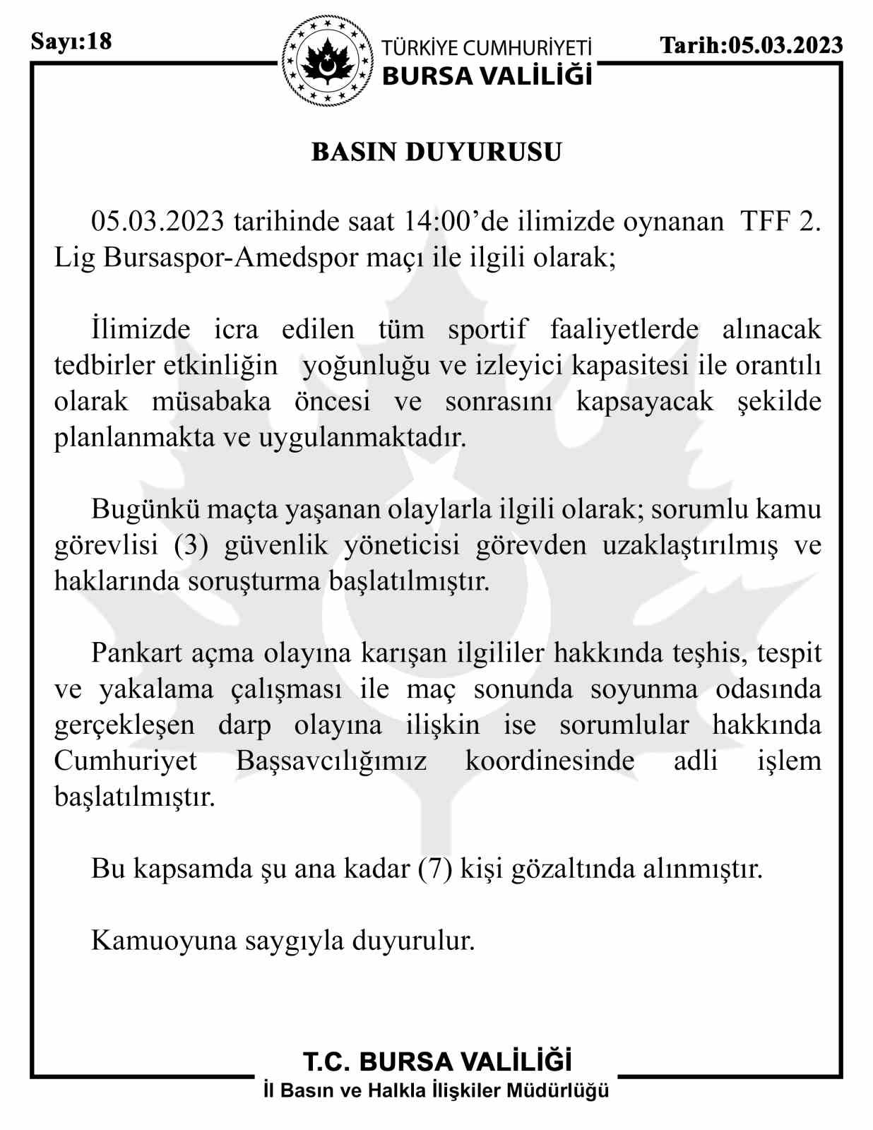 Bursaspor-Amed Sportif Faaliyetler maçı sonrası 7 kişi gözaltına alındı