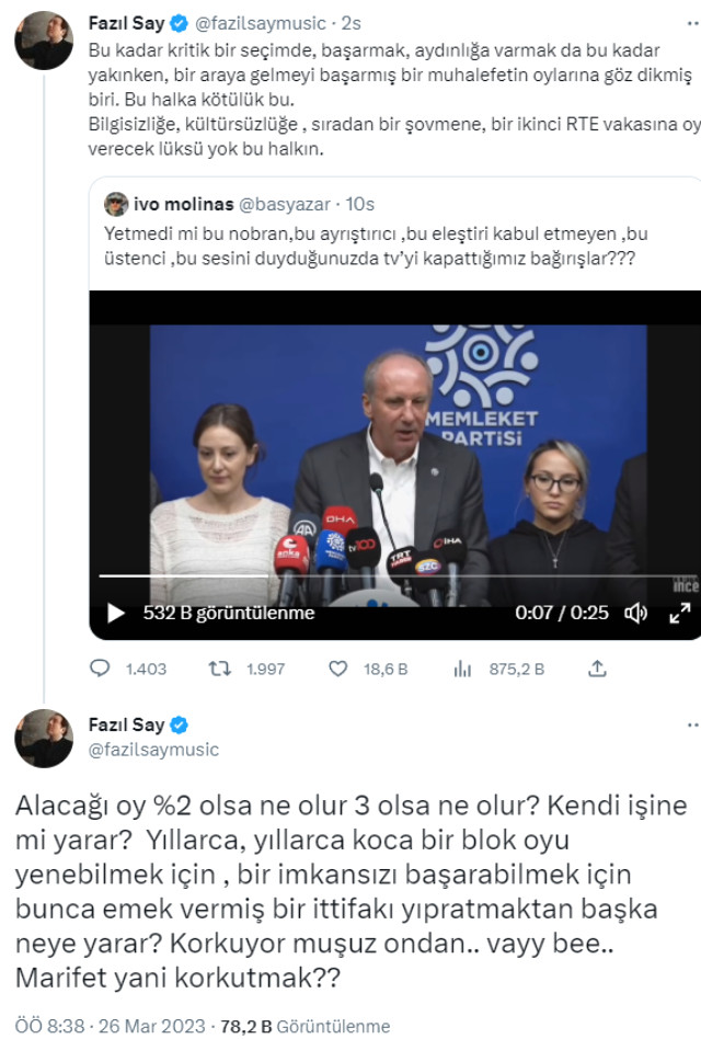 Fazıl Say'dan Muharrem İnce'ye sert tepki: Muhalefetin oylarına göz dikmiş biri, bu halka kötülük ediyor