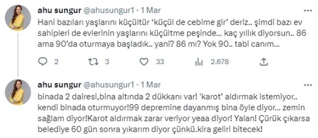 Ahu Sungur'dan evlerine hasar tespiti yaptırmak istemeyenlere tepki: Bina yaşlarını küçültmeye çalışıyorlar