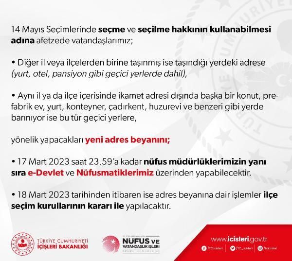 Seçim öncesi son hazırlıklar! Depremzedeler adres değişikliğini 17 Mart'a kadar yapabilecek