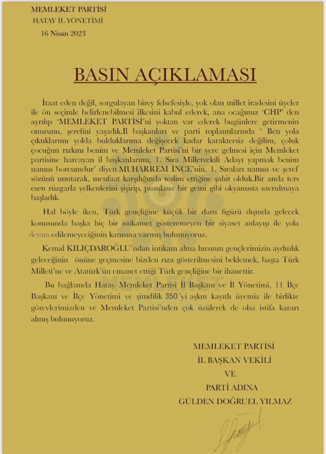 Memleket Partisi Hatay İl Yönetimi'nde il ve 11 ilçe yönetimiyle birlikte 350'yi aşkın üye istifa etti