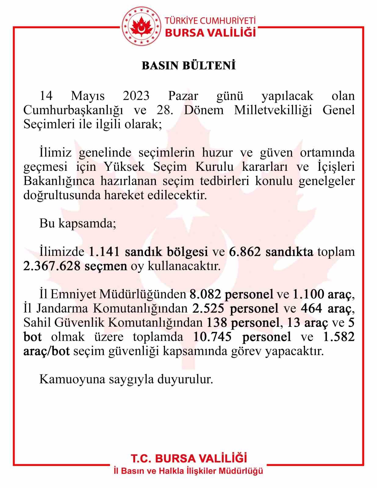 Bursa Valiliği seçim günü alınacak tedbirleri duyurdu