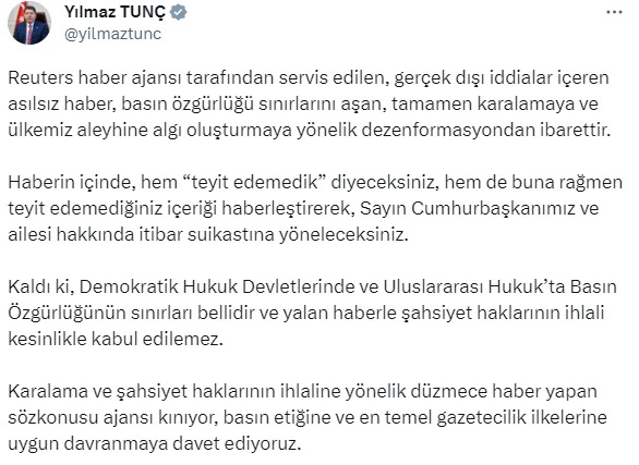 Reuters'ın Bilal Erdoğan'la ilgili haberine Türkiye'den tepki yağdı: Manipülasyon ve yalan haber