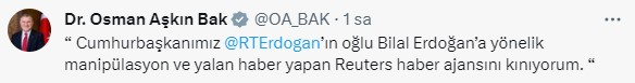 Reuters'ın Bilal Erdoğan'la ilgili haberine Türkiye'den tepki yağdı: Manipülasyon ve yalan haber