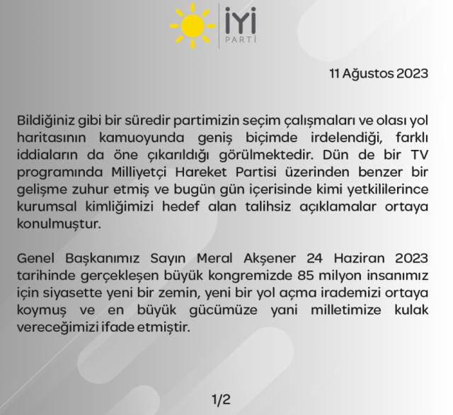 Son Dakika: Bahçeli'nin ittifak çağrısına İYİ Parti'den yanıt: 26 Ağustos ruhuyla rotamız net, pusulamız millet