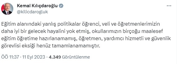 Kılıçdaroğlu'nun eğitim sistemiyle ilgili paylaşımının altına 