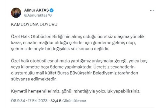 Başkan Aktaş’tan ’ücretsiz ulaşım’ açıklaması