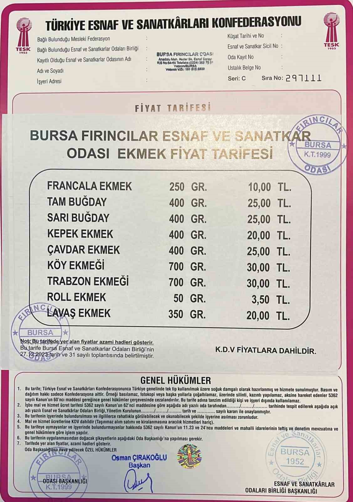 Bursa’da ekmeğe zam