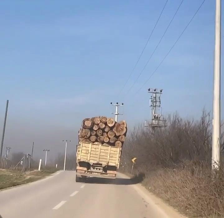 Tomruk yüklü kamyonetin tehlikeli yolculuğu kamerada