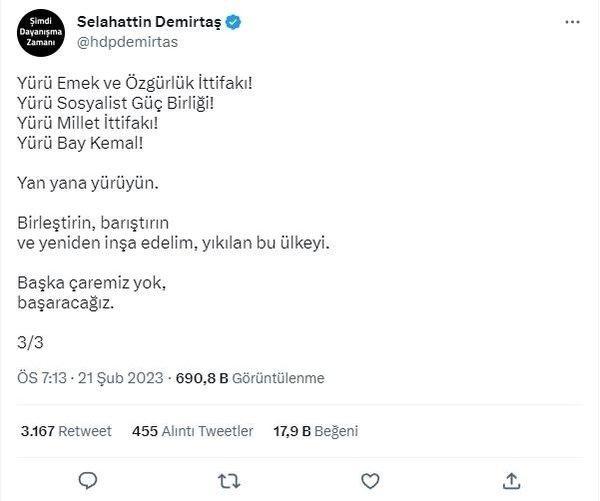Demirtaş'tan Kılıçdaroğlu'na flaş destek: Yürü Bay Kemal!