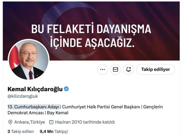 Millet İttifakı'nın adayı Kemal Kılıçdaroğlu, Twitter profilini de güncelledi