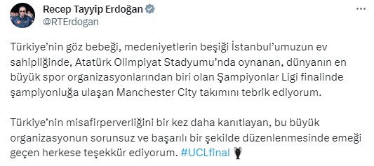 Cumhurbaşkanı Erdoğan'dan Şampiyonlar Ligi şampiyonu Manchester City'ye tebrik mesajı