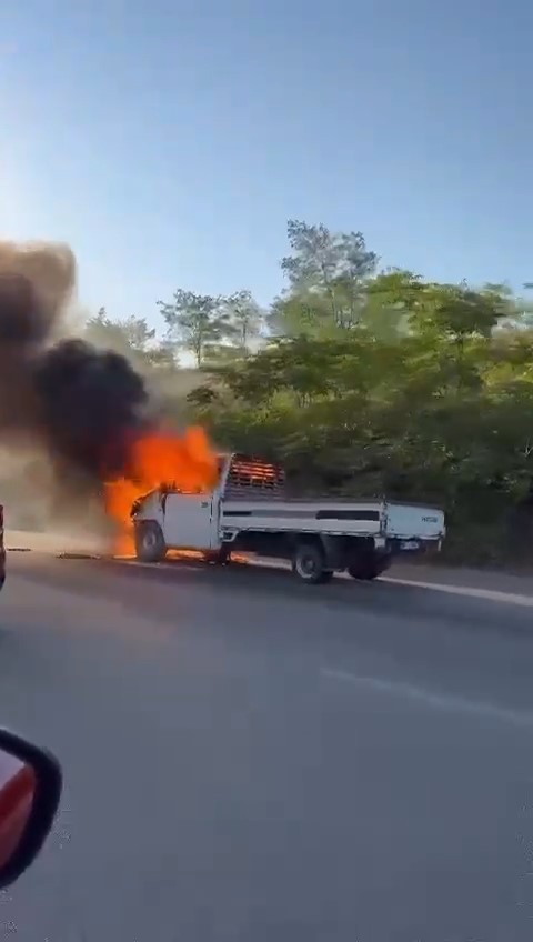 Arıza yapan kamyonet alev alev yandı