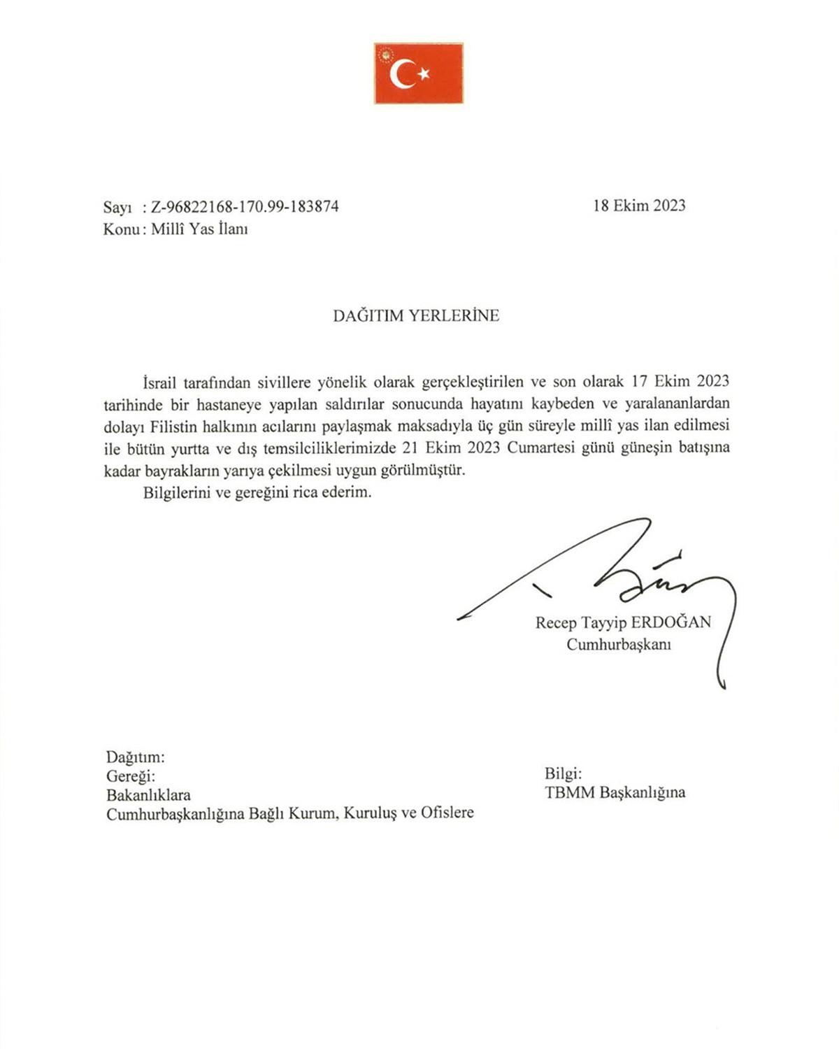 Başkan Erdoğan duyurdu! Türkiye'de 3 günlük ulusal yas ilan edildi